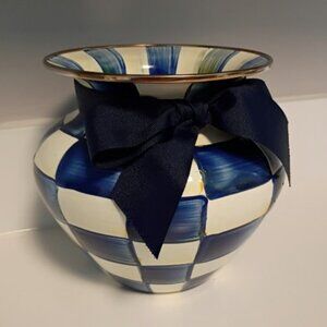 Like New Mackenzie-Childs Royal Check Large Vase Blue with Ribbon Bow